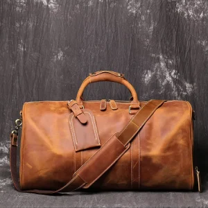 Large Capacity Vintage Genuine Leather Tote Bag with Zipper Closure Durable Men’s Travel Duffle Bag OEM
