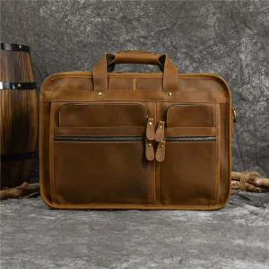 Large Capacity Vintage Light Brown Retro Crazy Horse Leather Messenger Bag Men’s Laptop Briefcase Bag