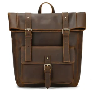 Large Capacity Vintage Outdoor Traveling Bag Made of Genuine Leather Crazy Horse Men’s Leather Laptop Rolltop Backpack