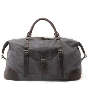 Large Capacity Vintage Style Canvas Tote Bag Men’s Crossbody Travel Bag Crazy Horse Leather Casual Zipper