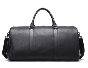 Large Capacity Vintage Style Men’s Genuine Leather Duffle Bag Simple Design Business Travel Handbag with Zipper Closure