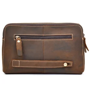 Large Capacity Wallet With Wrist Strap Zipper Genuine Leather Fashion Handbag Men’s Brown Cow Leather Business Clutch Bag