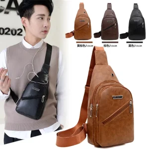 Large Capacity Waterproof Men’s Chest Bag PU Sling Sports Casual Crossbody Shoulder Bag with USB Women’s Messenger Bag