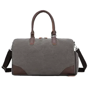 Large Leather Handle Men’s Travel Gym Duffle Bag Cotton Canvas Shoe Compartment Zipper Closure Fashionable Weekend Bag