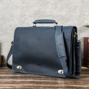 Leather Business Lawyer Briefcase With Luggage Strap Travel Friendly Executive Laptop Briefcase Fits up to 15.4” Macbook Pro