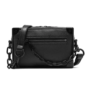 Leather Fashion Black Men’s Chain Crossbody Pack Shoulder Messenger Bag for Men