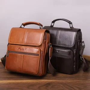 Leather Men’s Crossbody Bag Portable Tote Bag with Multiple Pockets Leather Shoulder Bag Flip Design