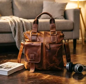 Leather Men’s Genuine Leather Laptop Briefcase Soft Shoulder Crossbody Handbag Europe Style Business Retro Zipper Closure