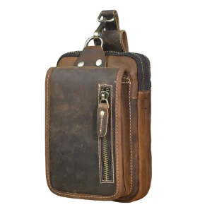 Leather Men’s Genuine Leather Zipper Closure Anti-Theft Vintage Style Waist Pack Belt Bag Crossbody Shoulder Bag