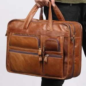 Leisure Retro Leather Men’s Briefcase 15.6 Inch Business Handbag Single Shoulder Messenger Bag Cowhide Men’s Bag