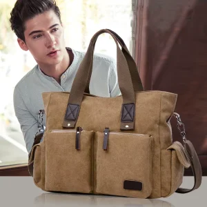 Light Brown Multi Compartment Designer Waterproof Men’s Laptop Canvas Crossbody Tote Bag for Men Work with Zipper