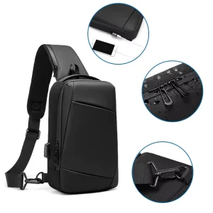 Lightweight Casual Men’s Waterproof Chest Cross Body Sling Single Shoulder Bag with USB Charging Port Interface for Men Women