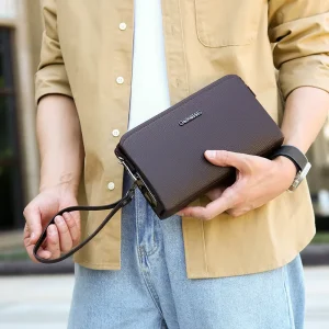 Long Men’s Wallet Business Casual Double Zipper Clutch Bag Large Capacity Multi Card Slots Bag with PU and Fingerprint Lock
