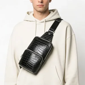Luxury Black Croc Embossed Leather Men’s Sling Bag Premium Multi Pocket Chest Bag For Street Style And Business Commute