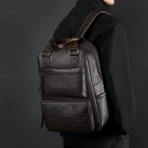 Luxury Business Men’s Laptop Backpacks Large Capacity Waterproof Pu Leather Business Zipper Bag