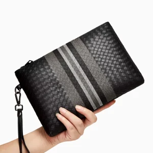 Luxury Business Men’s Woven Clutch Bags Large Size PU Leather Hand Bags With Wrist Strap Big Wallets