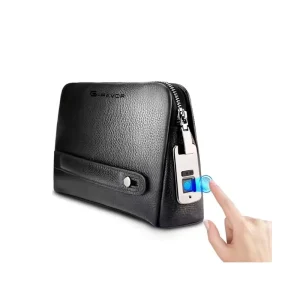 Luxury Business Zipper Black Genuine Leather Men Handbags Finger Print Anti Theft Men’s Clutch Handbags