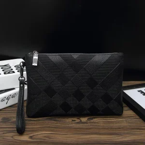 Luxury Checkered Men’s Clutch Soft PU Leather Wristlet Bag Large Capacity Business Phone Card Holder Men’s Wristlet Bag