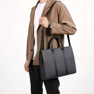 Luxury Design Full Embossed Logo Business Laptop Computer Messenger Bags Black Genuine Real Leather Lawyer Briefcases for Men