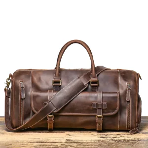Luxury Genuine Leather Travel Bag Large Capacity Crazy Horse Leather Carry on Weekend Duffle Bag for Men with Shoe Compartment