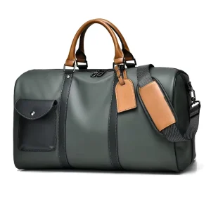 Luxury Men Design Traveling Duffel Bag Over Size Navy Green PU Leather Travel Outdoor Trip Bag with Adjustable Long Strap