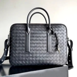 Luxury Men’s Leather Work Bag Detachable Shoulder Strap Hand Woven Business Multiple Compartments Handbag for Commute & Travel