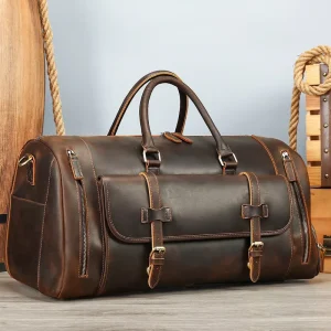 MARRANT Vintage Men’s Crazy Horse Genuine Leather Weekender Holdall Overnight Duffel Bag with Shoe Pouch Men Leather Travel Bag