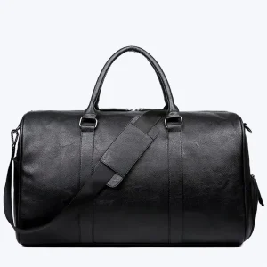 Man Black Gym Overnight Bag Travel Sports Waterproof PU Duffel Weekend Bag With Shoes Compartment
