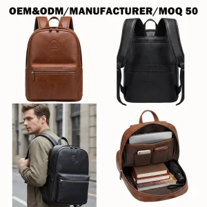 Manufacture Men’s Laptop PU Leather Backpack Leisure Travel Day Backpack Hiking Customized Logo Camping Backpack