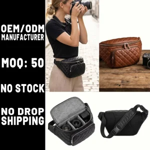 Manufacturer Custom Black Quilted Vegan Leather Camera Waist Bag Multi pockets PU Leather Fanny Pack with Durable Metal Zipper