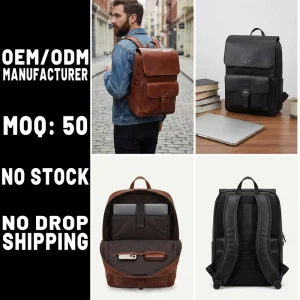 Manufacturer Custom Black Real Leather Men’s Laptop Backpack Spacious Travel Backpack with 15.6-inch Laptop Compartment
