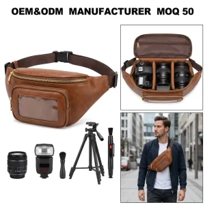 Manufacturer Custom Vegan Microfiber Leather Retro Vintage Brown Crossbody Photography Fanny Pack Camera Lens Chest Waist Bag