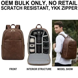 Manufacturer OEM Coffee Brown Microfiber Leather Travel Camera Bagpack Large Size Photography Back Pack for Photographers
