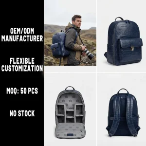 Manufacturer OEM Crocodile embossed Real Leather Men’s Leather Backpack Premium DSLR Mirrorless Camera Backpack for Photographer