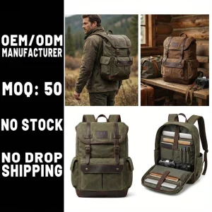 Manufacturer OEM Custom Vintage Waxed Canvas & Full-Grain Cowhide Leather Men’s Backpack with Reinforced Stitching Laptop Sleeve