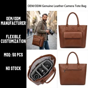 Manufacturer OEM DSLR Mirrorless Camera Bag Men’s Brown Real Leather Camera Tote Bag with Removable Camera Divider