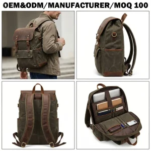 Manufacturer OEM Large Vintage Outdoor Camping Travel Hiking Casual Waxed Canvas Crazy Horse Leather Rucksack Backpack for Men