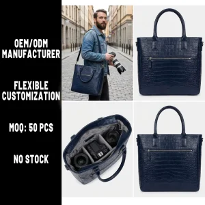 Manufacturer OEM/ODM Navy Genuine Leather Camera Gear Bag Durable Crocodile embossed Leather Camera Tote Bag with Long Strap