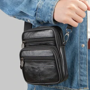 Men Cell Phone Waist Bag Pouch Belt Lightweight Small Crossbody Messenger Bag Genuine Leather Shoulder Bag