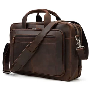 Men Crazy Horse Leather Briefcase Vintage Large 16″ Laptop Genuine Leather Business Bag 2 Big Compartment Shoulder Bags