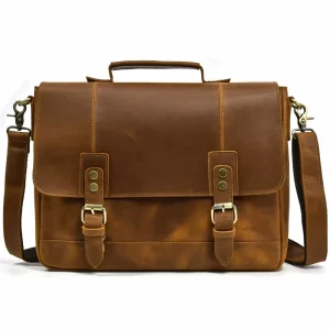 Men Crazy Horse Leather Briefcase for 14″ Laptop Vintage Cow Leather Full Grain Cowhide Shoulder Bags