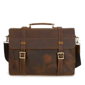Men Crazy Horse Leather Business Bag Stylish Durable Shoulder Bag for 16′ Laptop Vintage Genuine Cow Leather Briefcase