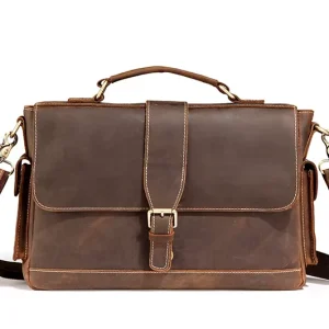 Men Crazy Horse Vintage Cowhide Shoulder Bag 14″ Notebook Leather Business Bag Genuine Leather Briefcase