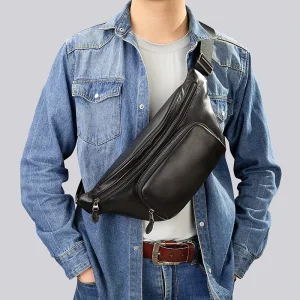 Men Outdoor Hiking Travel Waist Bag Cell Phone Purse with Adjustable Belt Leather Fanny Pack Leather Chest Bag