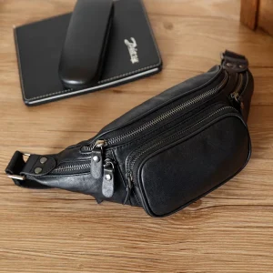 Men Trendy Custom Premium Crazy Horse Cow Leather Waistbags Genuine Leather Black Thin Fanny Pack Waist Bag