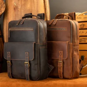 Men Vintage Hiking Travel Bag Camping Rucksack 15 Inch Laptop Backpack Genuine Leather Backpack for Men
