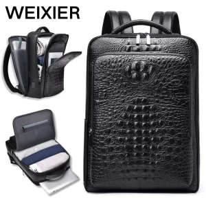 Men Waterproof PU Leather Backpack with Separate Laptop Compartment Large Capacity Zipper Closure for Business Travel