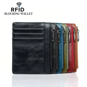 Men/Women RFID Coin Purse, Casual Zipper Short, First-Layer Cowhide Oil-Waxed Pickup Bag