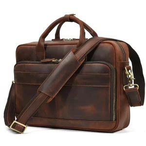 Men’s 14 Inch Vintage Genuine Cowhide Leather Hard Bag Laptop Briefcase Top Grain Waterproof Business Travel Office Use