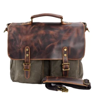 Men’s 16 Inch Retro Vintage Business Computer Bag Waterproof Canvas Spliced Leather Briefcase Handbag Shoulder Crossbody Strap